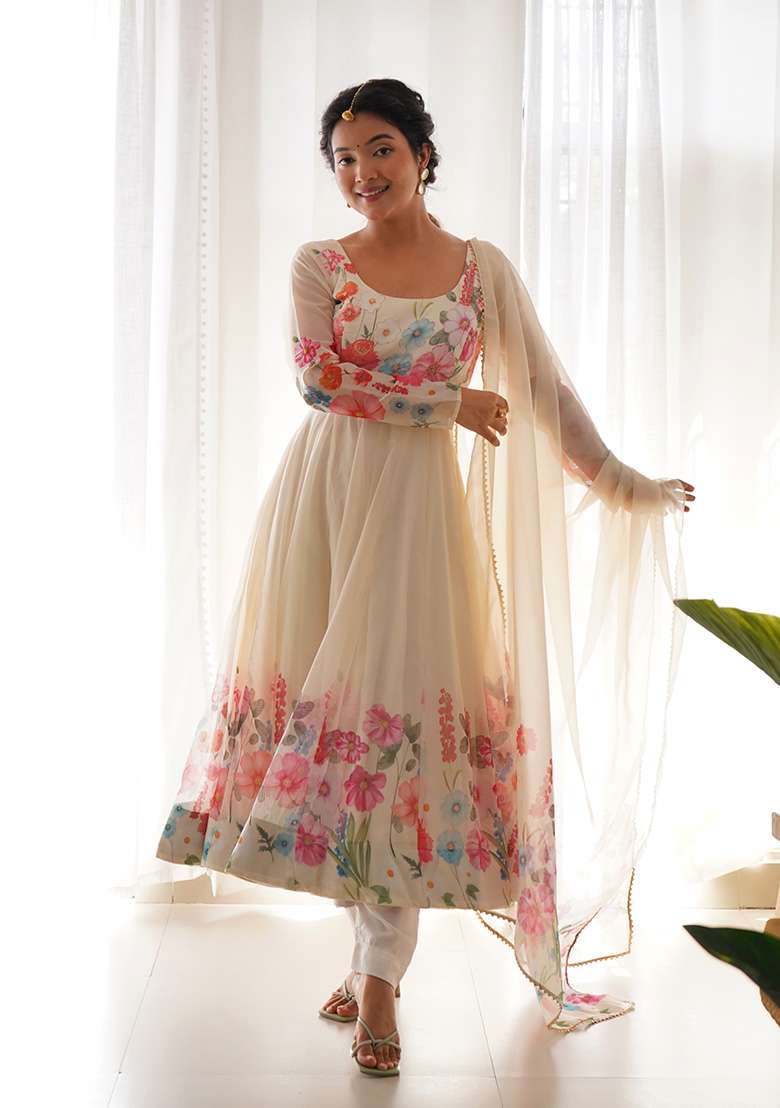 Beige Floral Print Silk Blend Anarkali With Dupatta - Indya