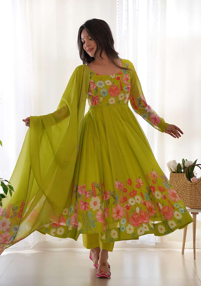 Purple Floral Print Silk Blend Anarkali With Dupatta - Indya