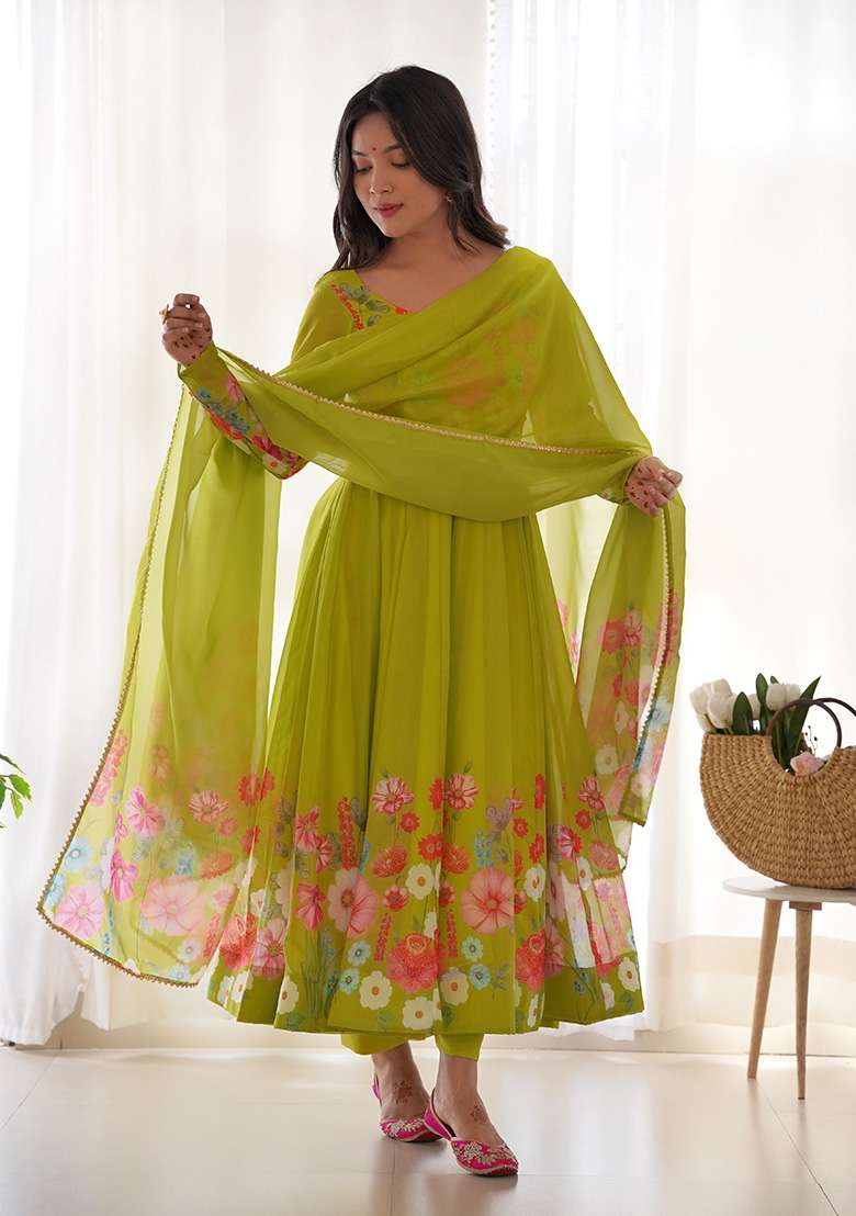 Purple Floral Print Silk Blend Anarkali With Dupatta - Indya