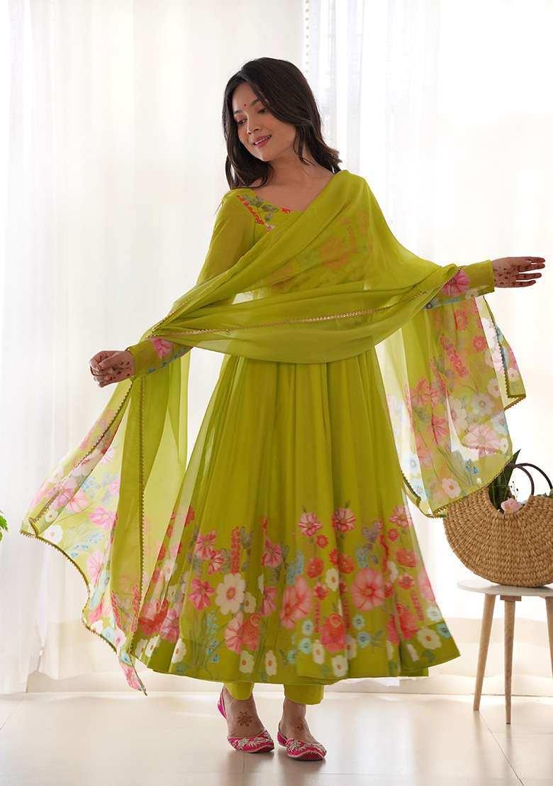 Purple Floral Print Silk Blend Anarkali With Dupatta - Indya
