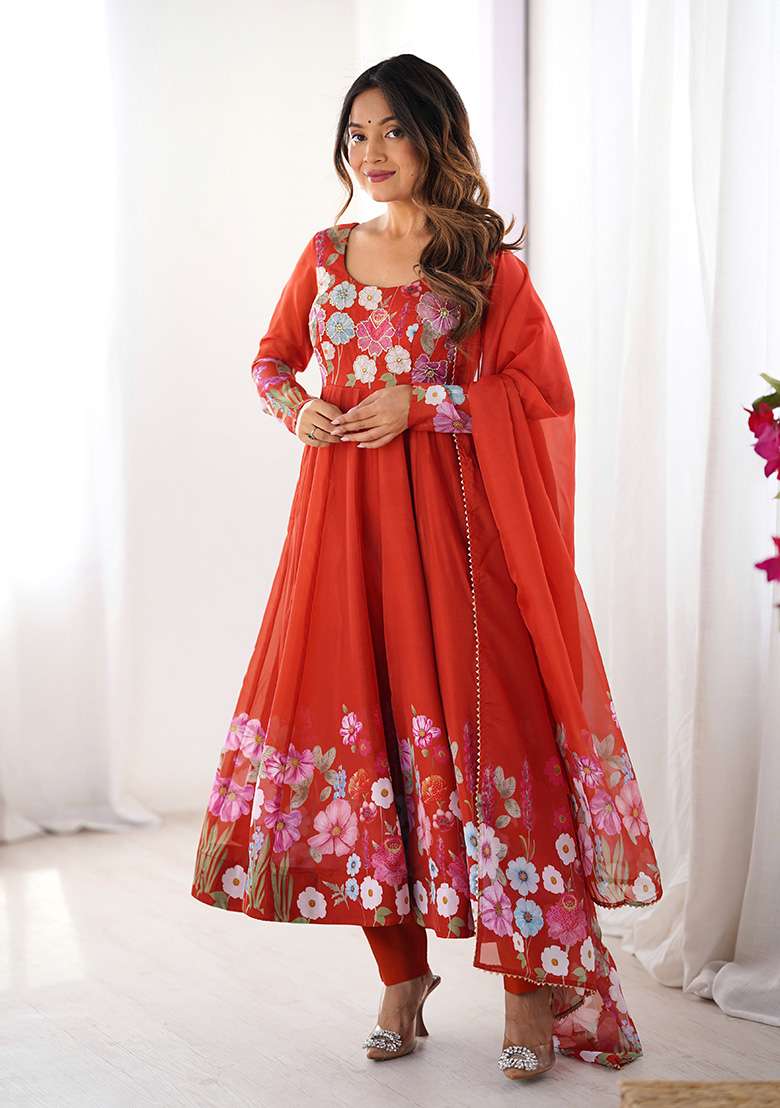 Orange Embroidered Silk Blend Anarkali With Dupatta - Indya