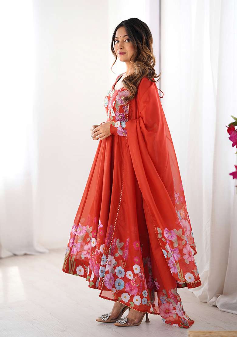 Orange Embroidered Silk Blend Anarkali With Dupatta - Indya
