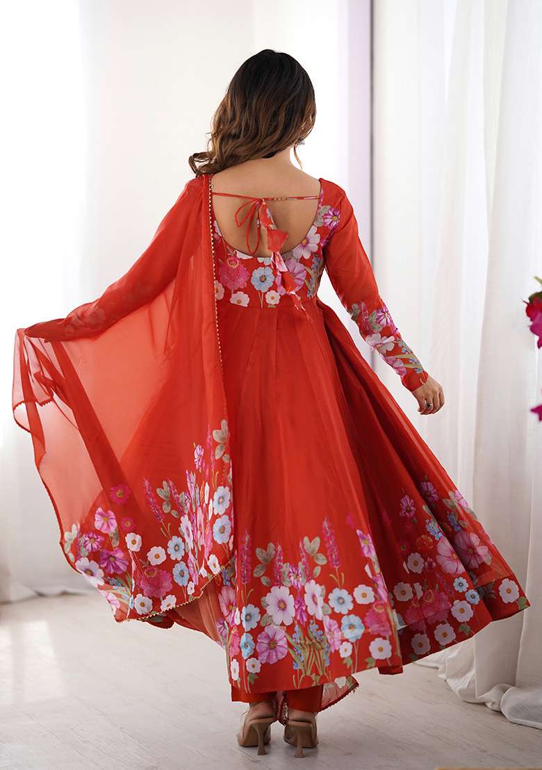 Orange Embroidered Silk Blend Anarkali With Dupatta - Indya