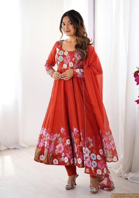 Orange Printed Organza Silk Anarkali Set