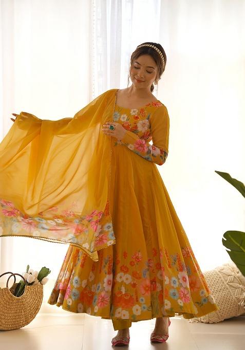 Yellow Printed Organza Silk Anarkali Set