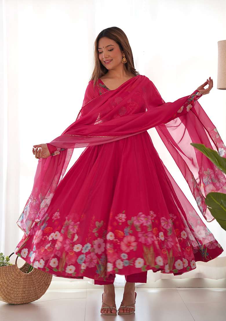 Pink Floral Print Silk Anarkali With Dupatta - Indya