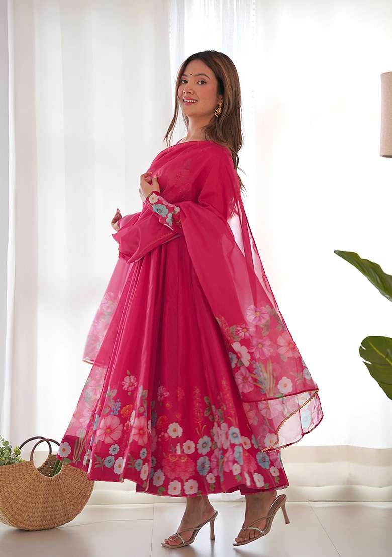 Pink Floral Print Silk Anarkali With Dupatta - Indya
