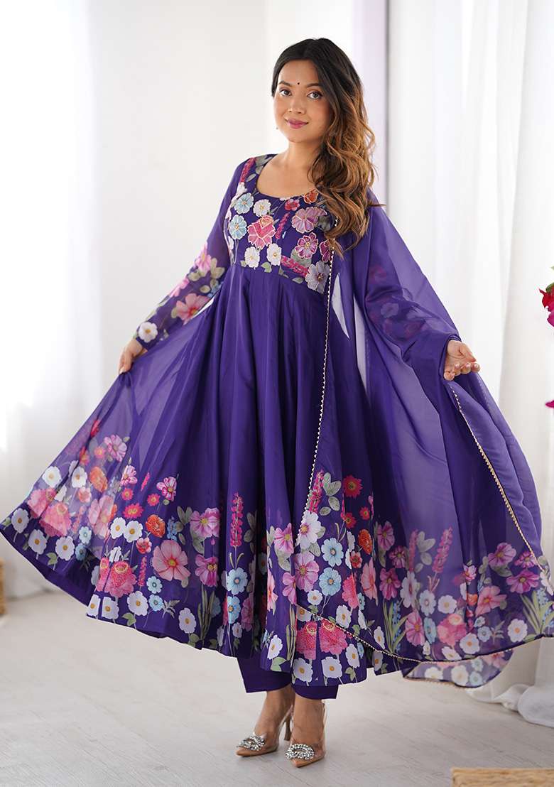 Purple Embroidered Silk Blend Anarkali With Dupatta - Indya