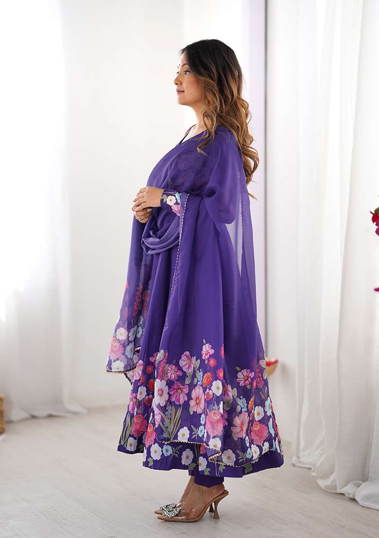 Purple Embroidered Silk Blend Anarkali With Dupatta - Indya