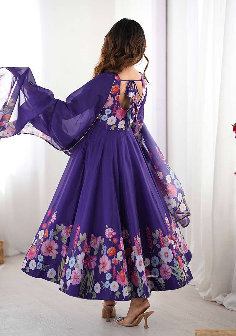 Purple Embroidered Silk Blend Anarkali With Dupatta - Indya