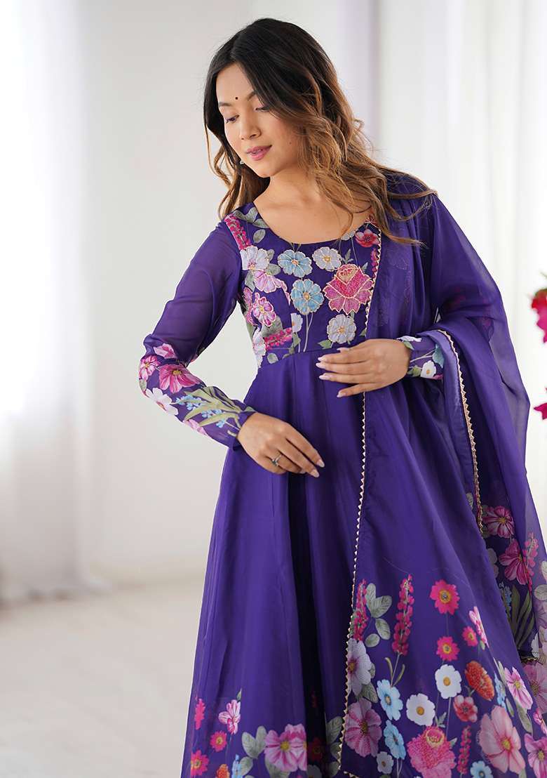 Purple Embroidered Silk Blend Anarkali With Dupatta - Indya