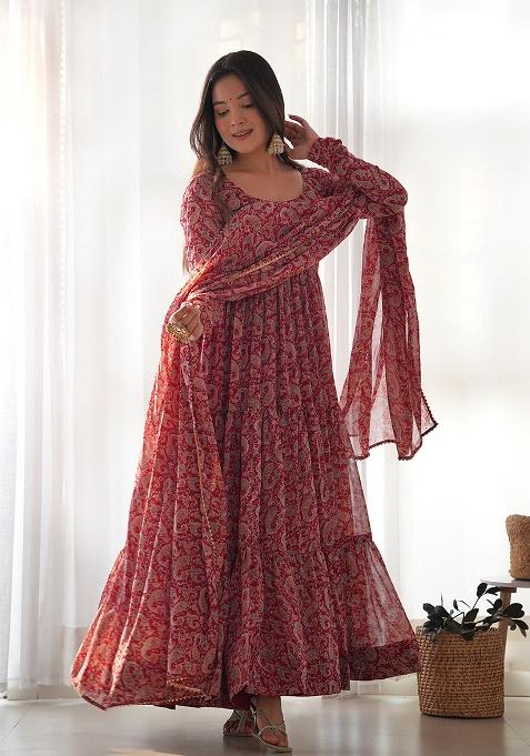 Maroon Printed Fox Georgette Anarkali Set