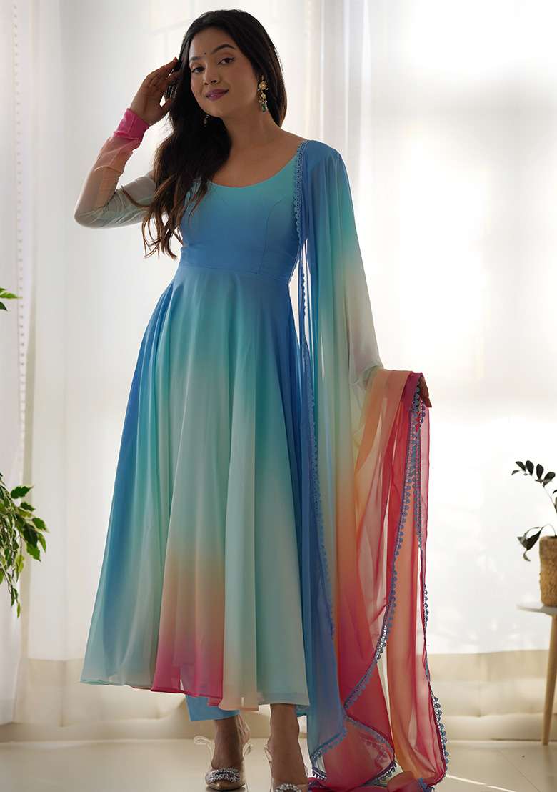 Multi Tie And Dye Georgette Anarkali With Dupatta - Indya