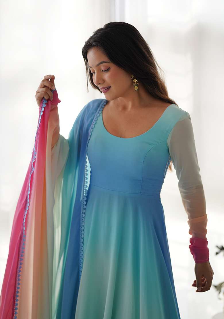 Multi Tie And Dye Georgette Anarkali With Dupatta - Indya