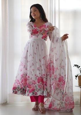 White Printed Organza Silk Anarkali With Dupatta