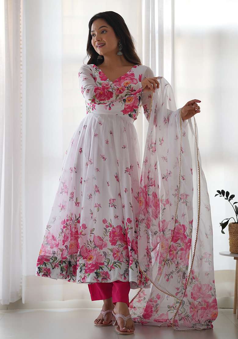 White Floral Print Silk Blend Anarkali With Dupatta - Indya