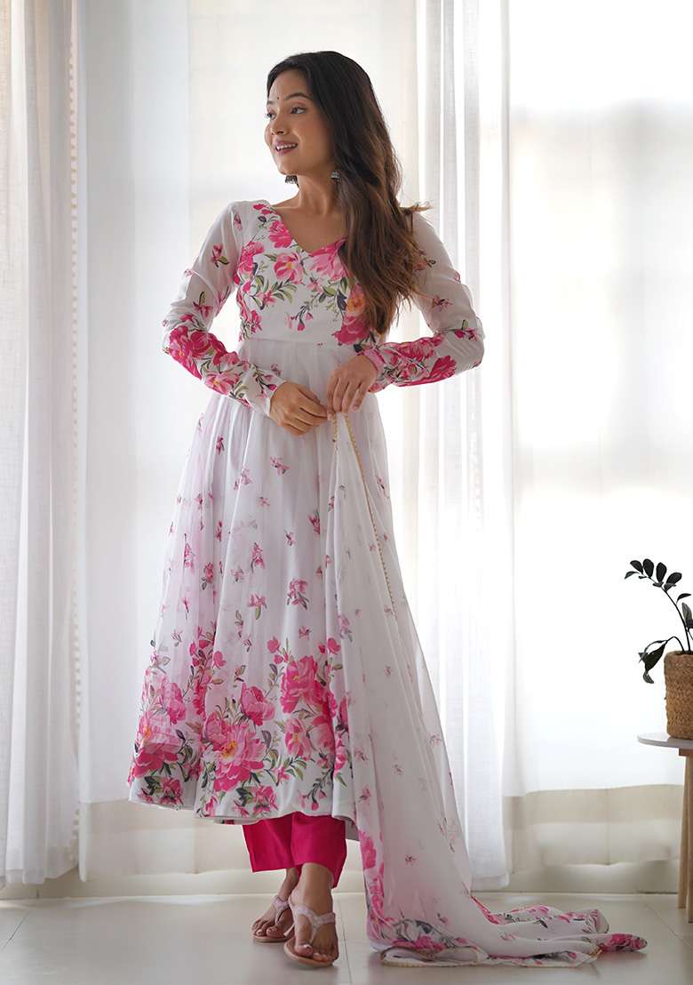 White Floral Print Silk Blend Anarkali With Dupatta - Indya