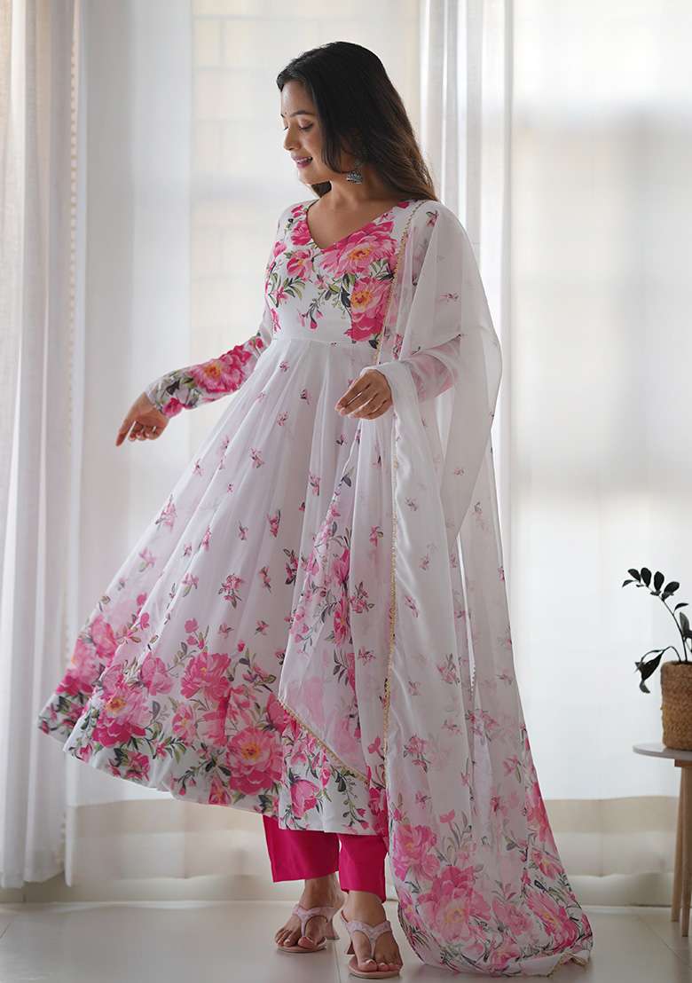 White Floral Print Silk Blend Anarkali With Dupatta - Indya