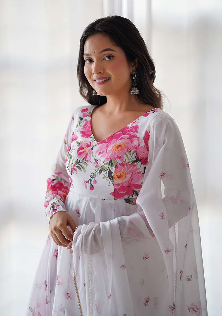 White Floral Print Silk Blend Anarkali With Dupatta - Indya