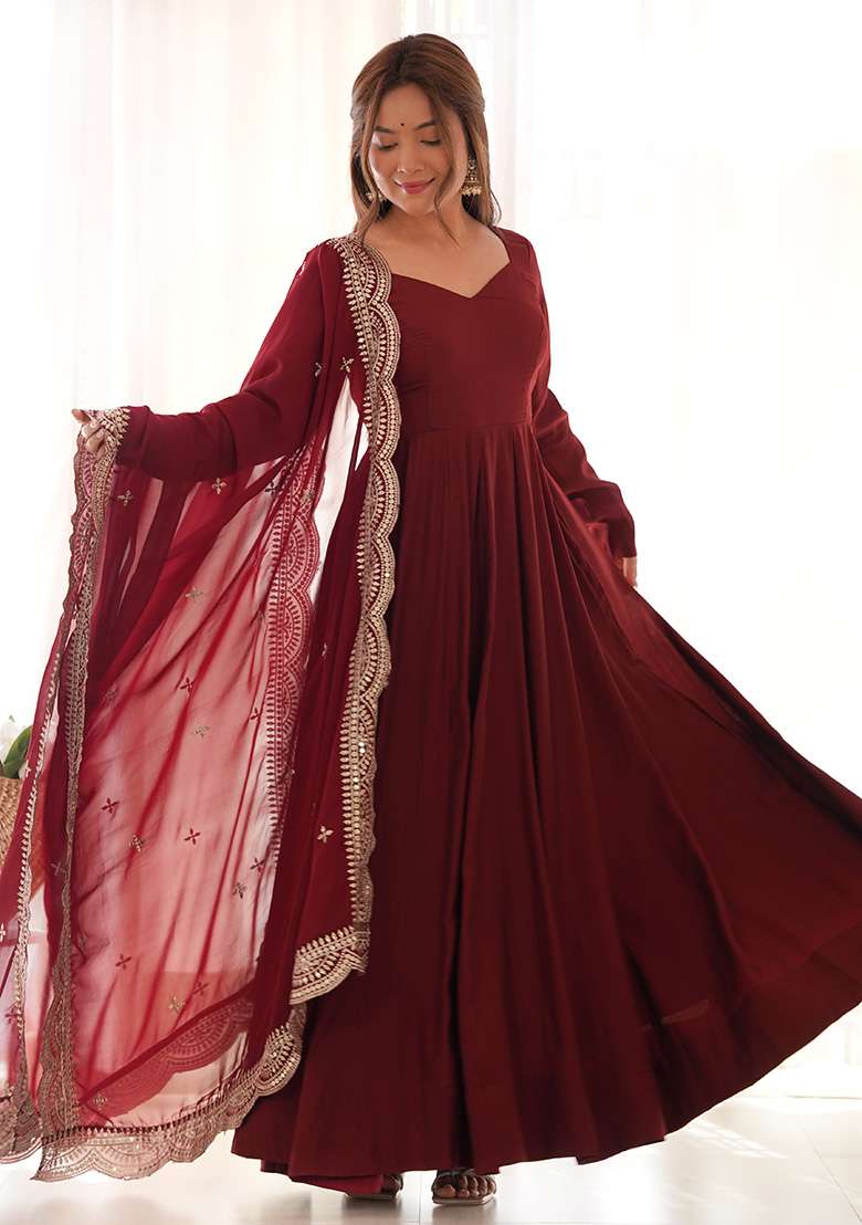 Maroon Embroidered Silk Blend Anarkali With Dupatta - Indya