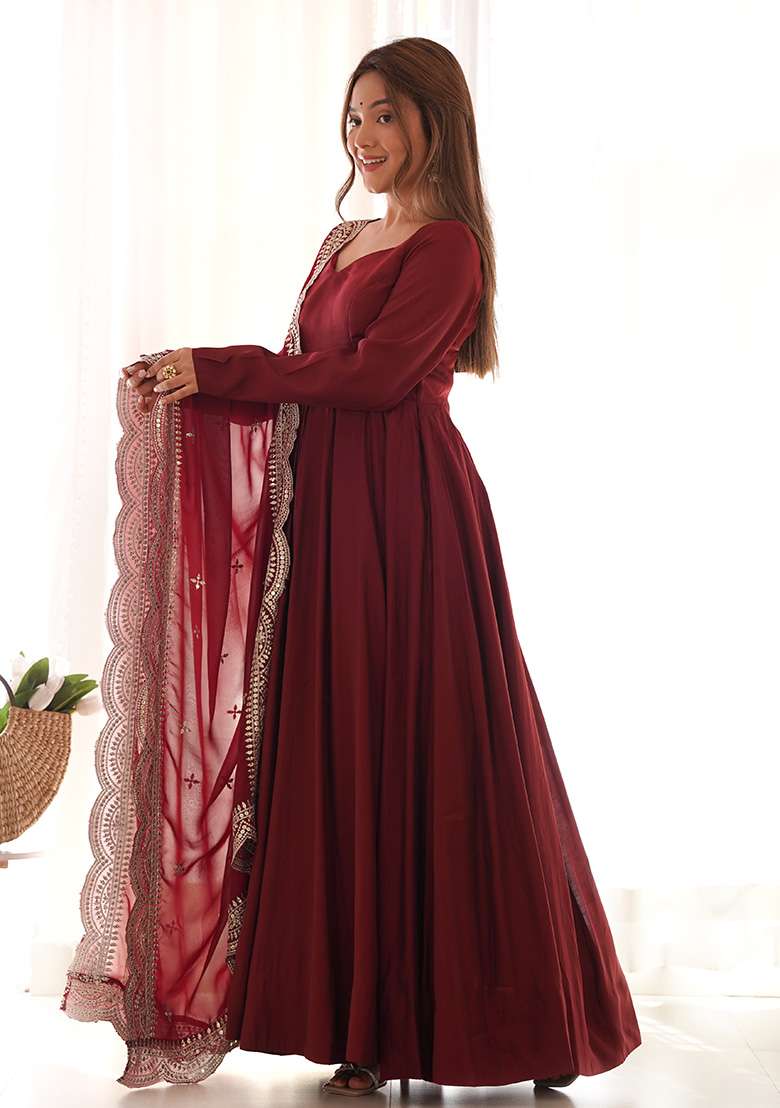 Maroon Embroidered Silk Blend Anarkali With Dupatta - Indya