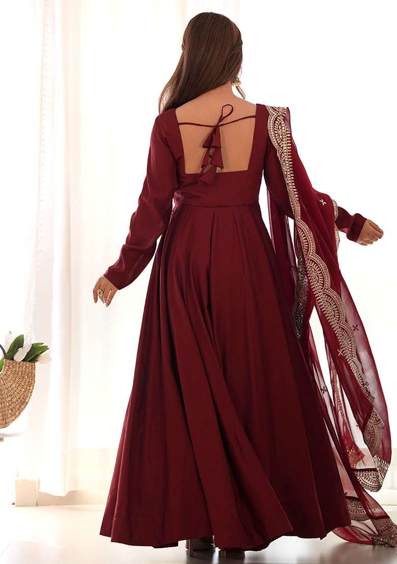 Maroon Embroidered Silk Blend Anarkali With Dupatta - Indya