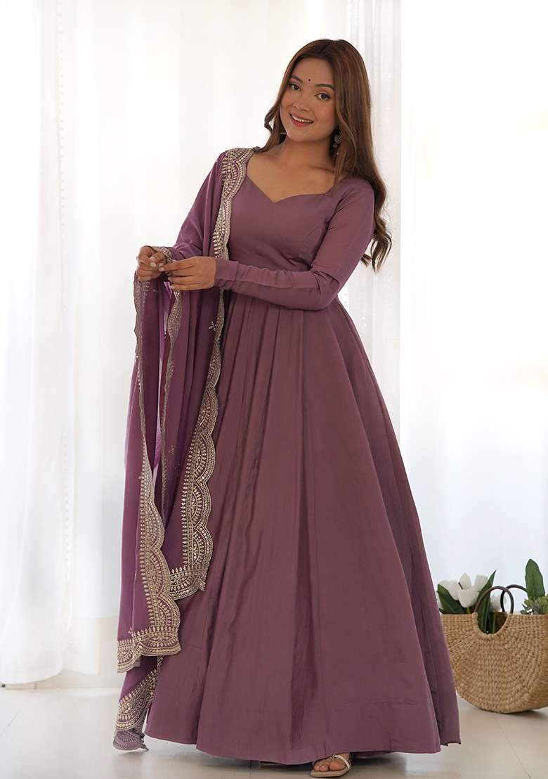 Purple Embroidered Silk Blend Anarkali With Dupatta - Indya