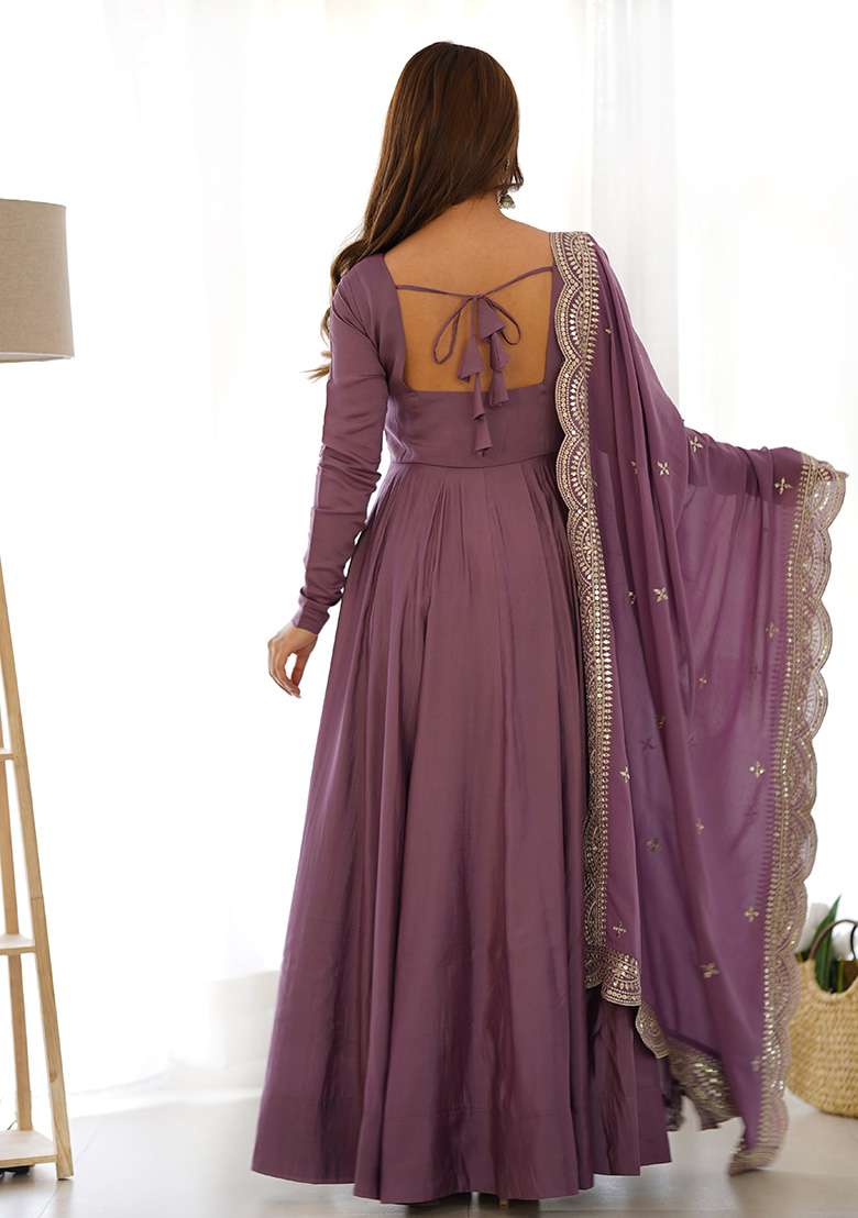 Purple Embroidered Silk Blend Anarkali With Dupatta - Indya