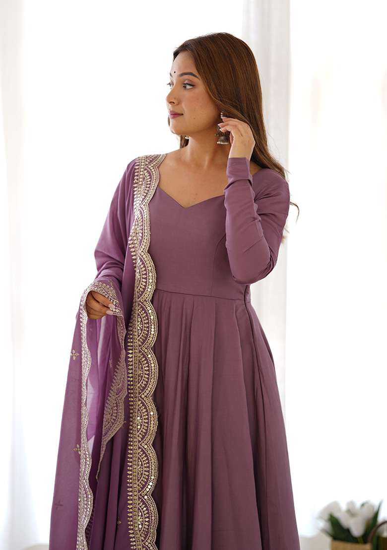 Purple Embroidered Silk Blend Anarkali With Dupatta - Indya