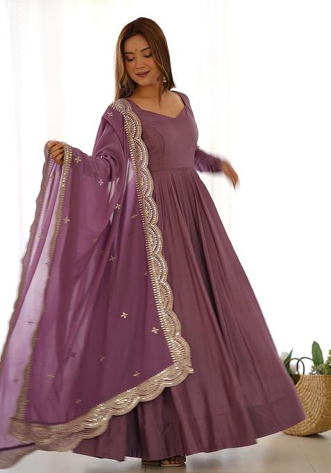 Purple Solid Roman Silk Chanderi Anarkali Set