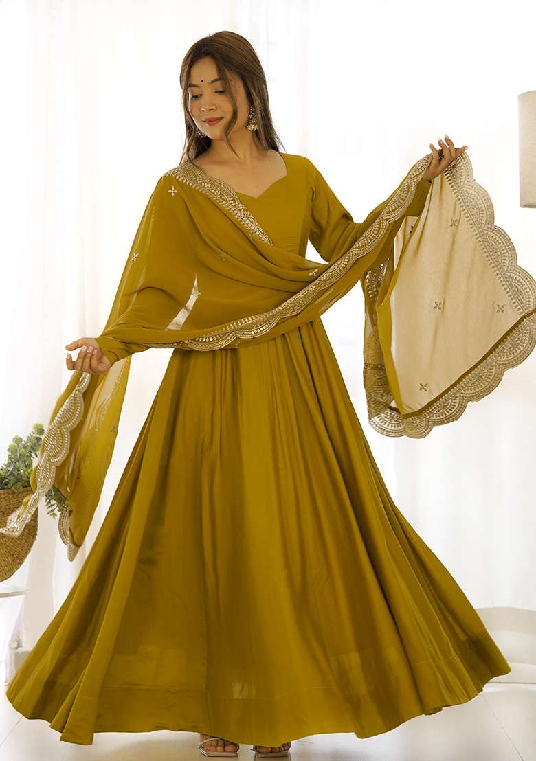 Yellow Solid Silk Blend Anarkali With Dupatta - Indya