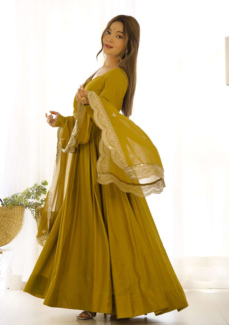 Yellow Solid Silk Blend Anarkali With Dupatta - Indya