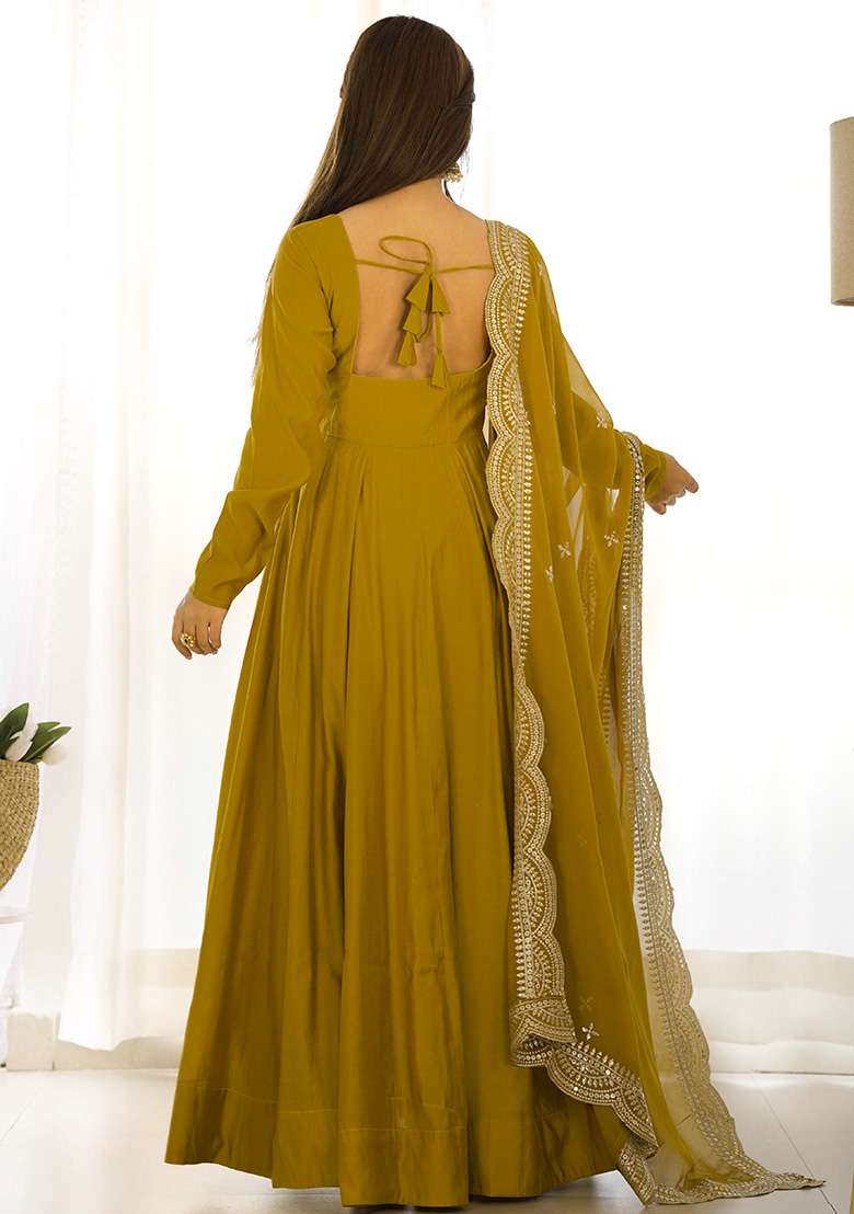 Yellow Solid Silk Blend Anarkali With Dupatta - Indya