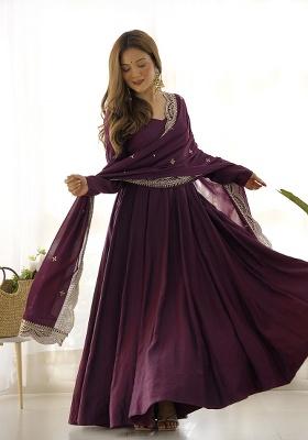 Wine Embroidered Silk Blend Anarkali With Dupatta