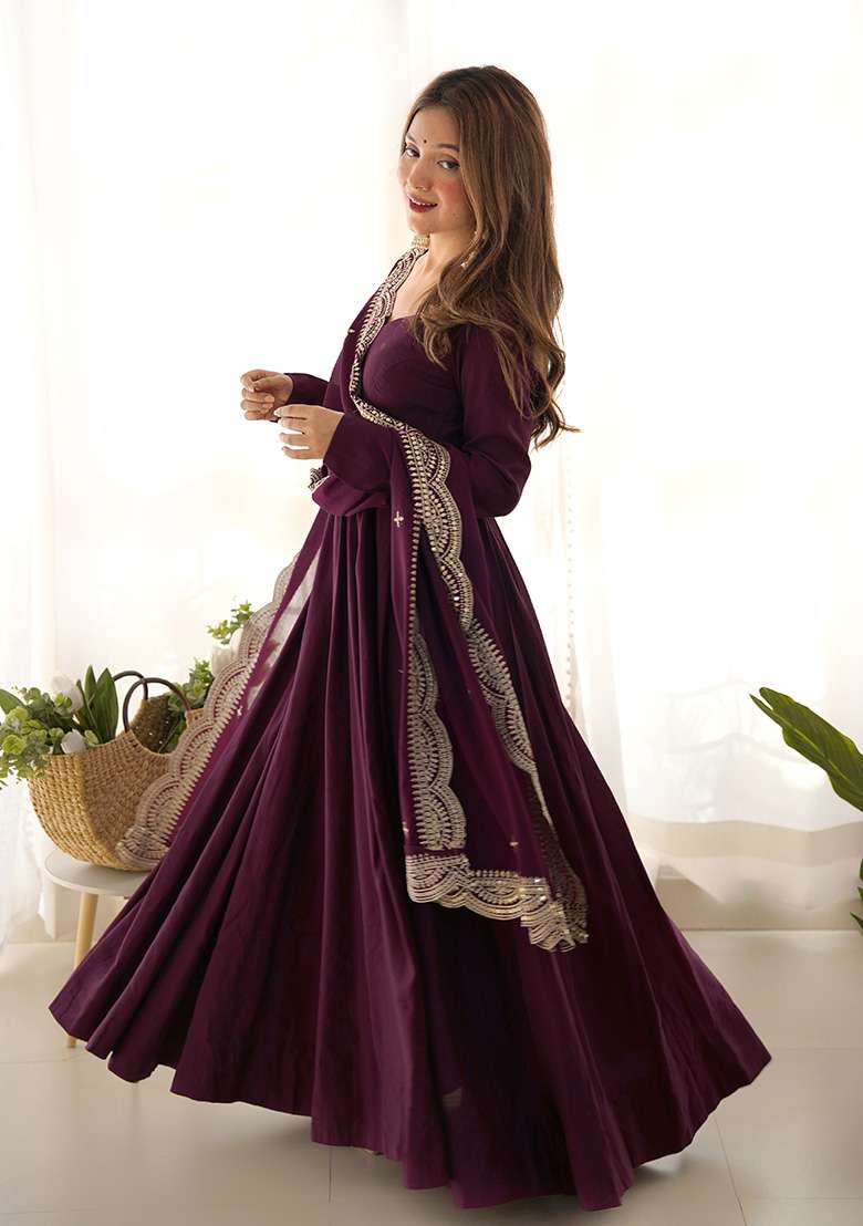 Wine Embroidered Silk Blend Anarkali With Dupatta - Indya