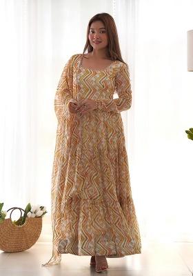 Yellow Printed Georgette Anarkali With Dupatta