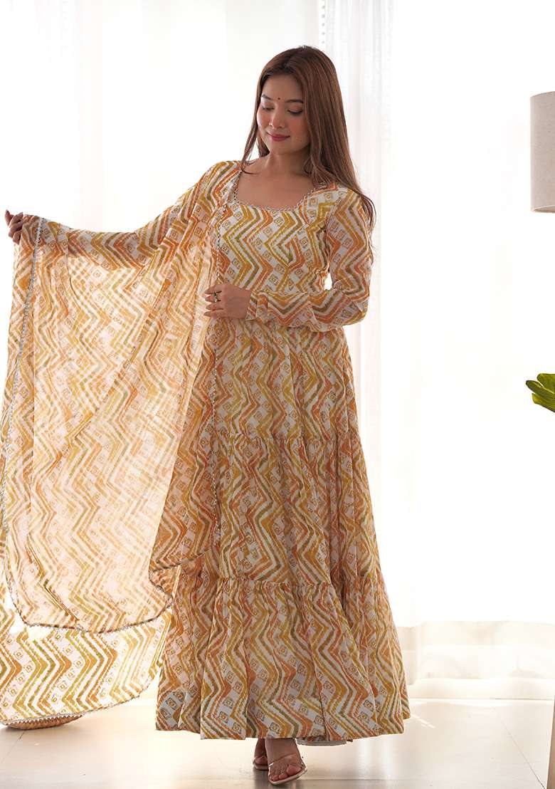 Yellow Printed Georgette Anarkali With Dupatta - Indya