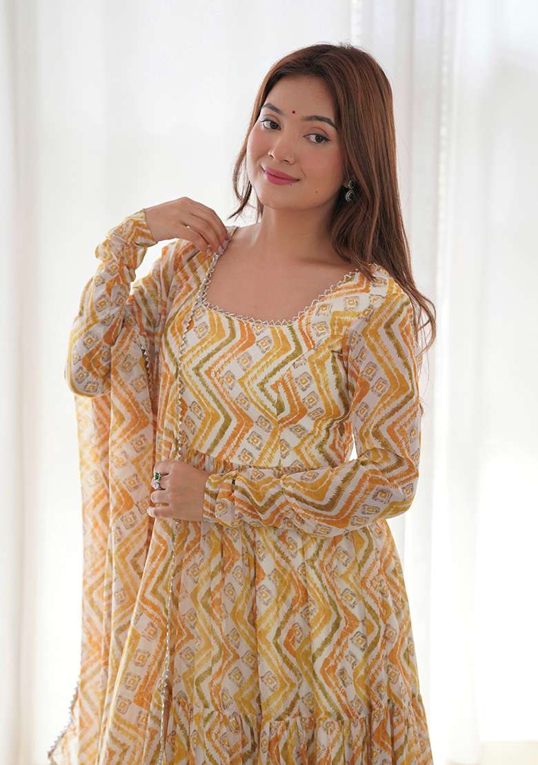 Yellow Printed Georgette Anarkali With Dupatta - Indya