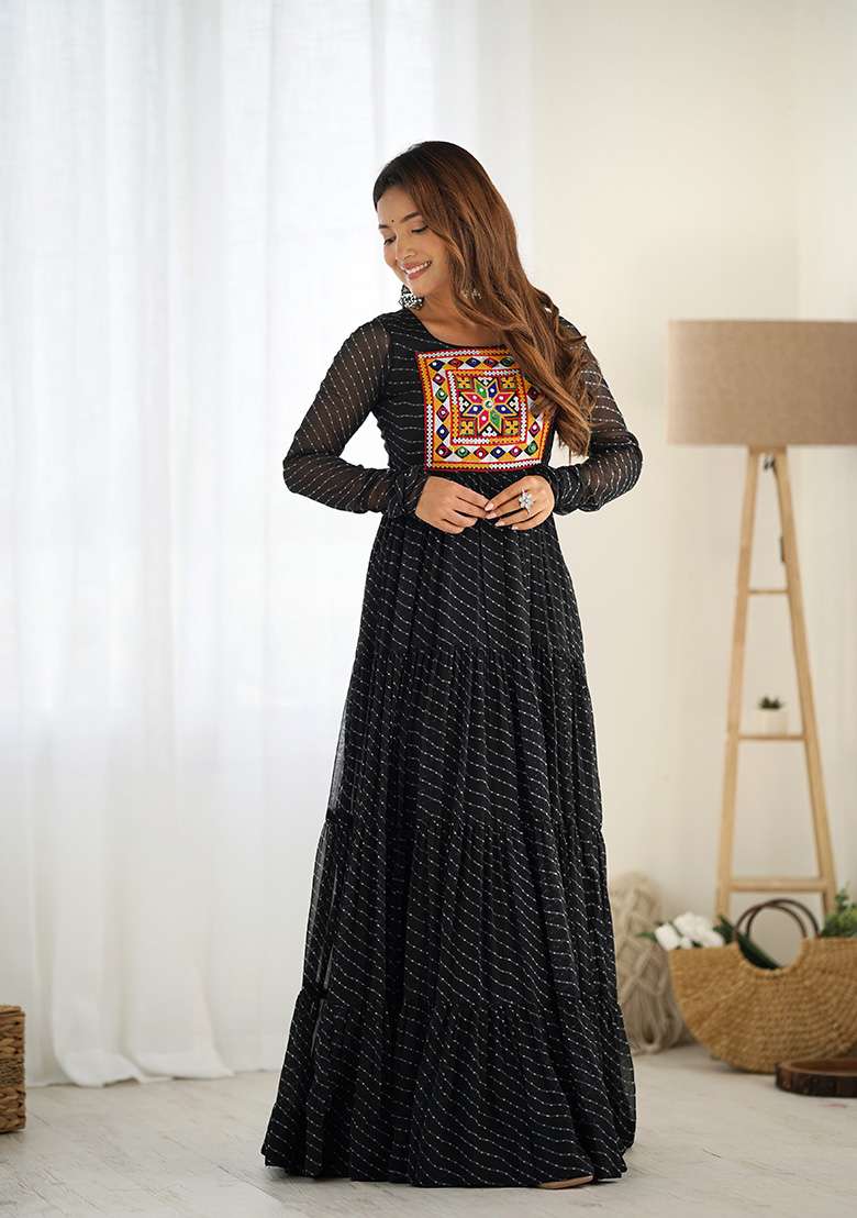 Black Embroidered Georgette Anarkali Set - Indya