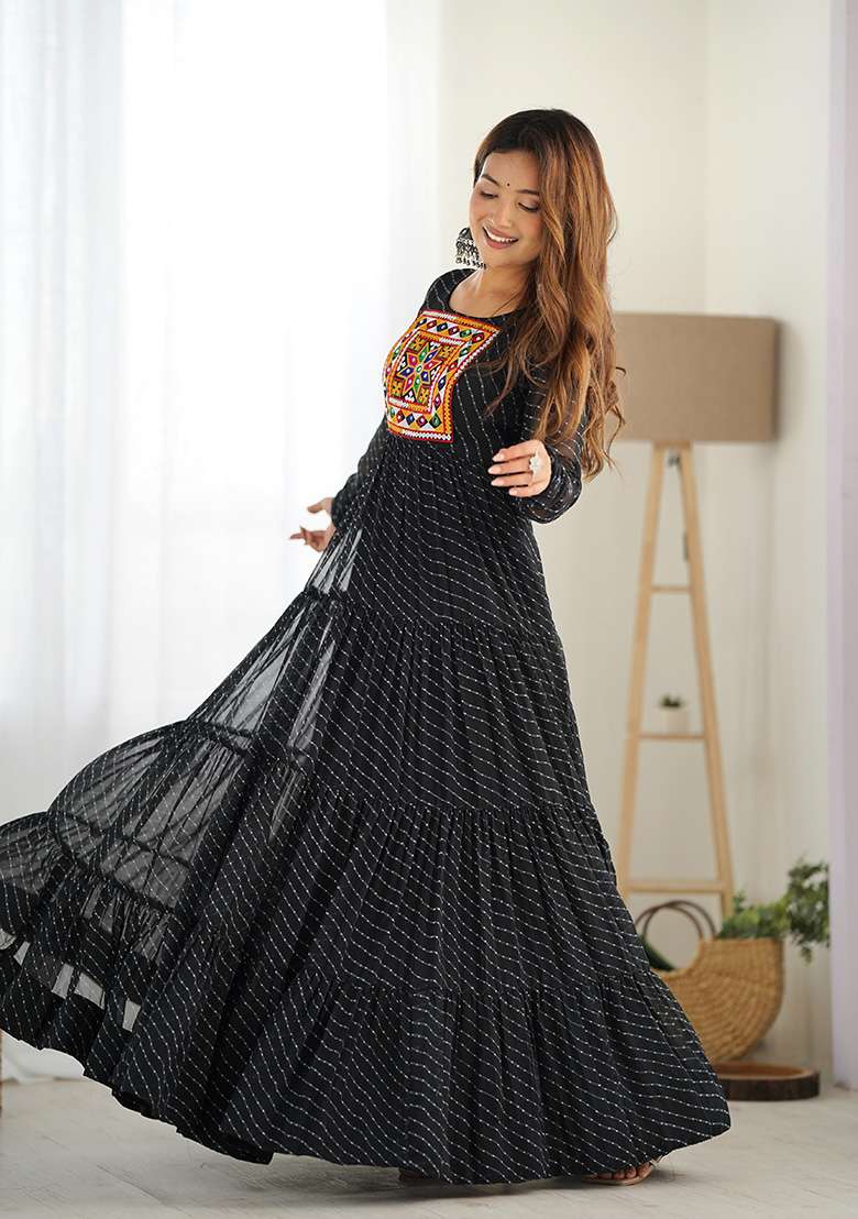Black Embroidered Georgette Anarkali Set - Indya