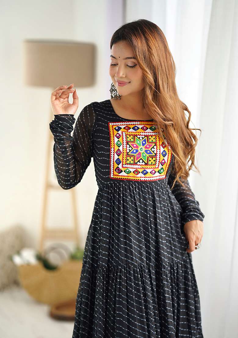 Black Embroidered Georgette Anarkali Set - Indya