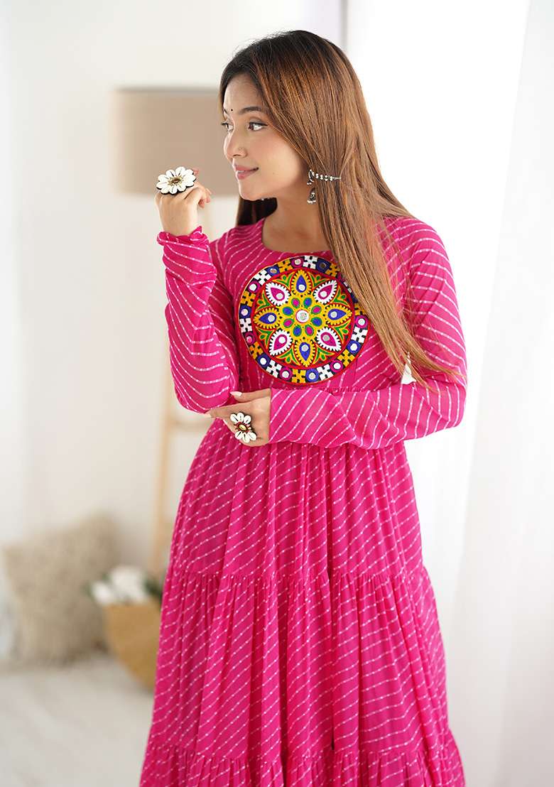 Pink Striped Georgette Gown - Indya
