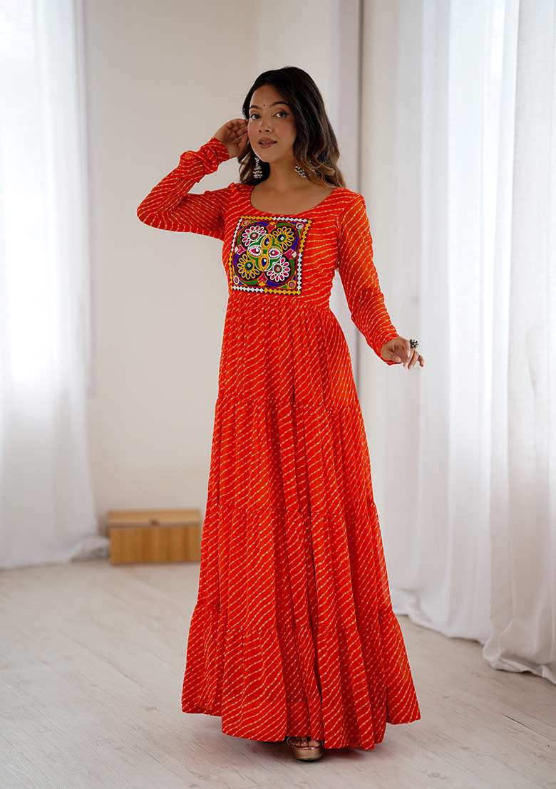 Orange Bandhani Georgette Anarkali Set - Indya