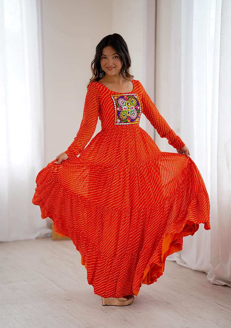 Orange Bandhani Georgette Anarkali Set - Indya