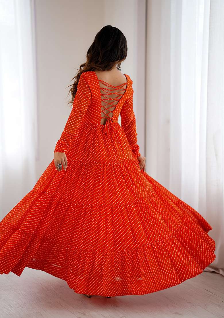 Orange Bandhani Georgette Anarkali Set - Indya