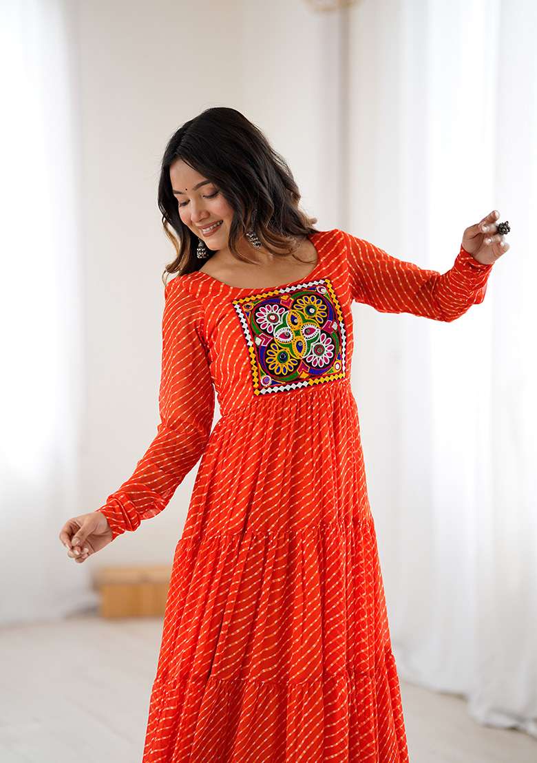 Orange Bandhani Georgette Anarkali Set - Indya
