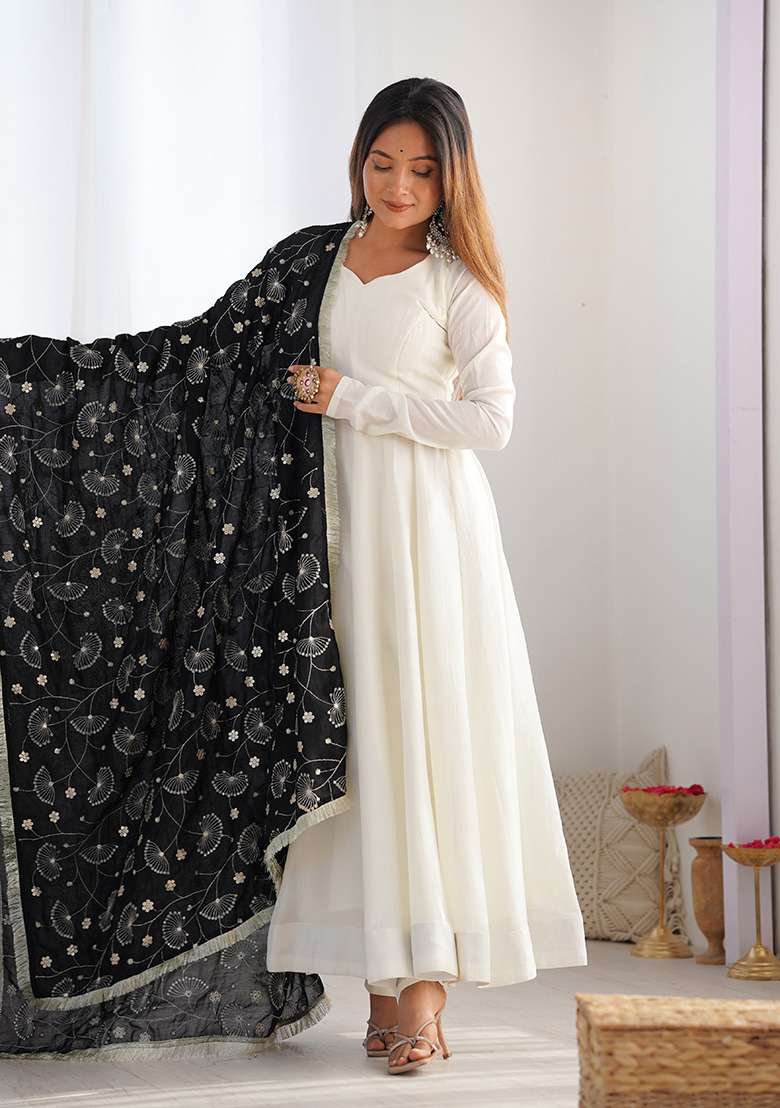 Black Solid Silk Anarkali With Dupatta - Indya