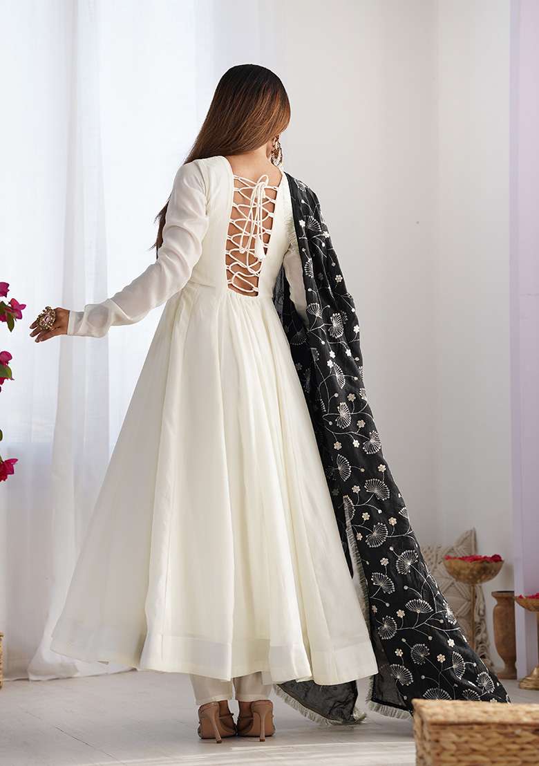 Black Solid Silk Anarkali With Dupatta - Indya