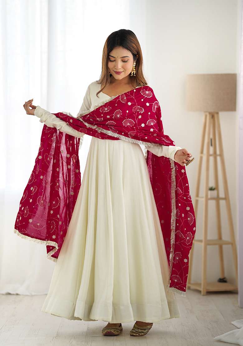Pink Solid Silk Anarkali With Dupatta - Indya