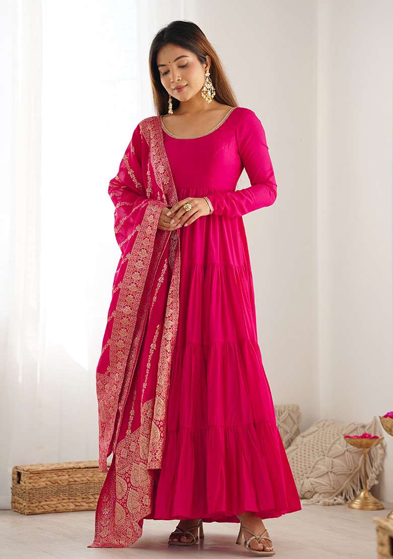Pink Solid Silk Blend Anarkali With Dupatta - Indya